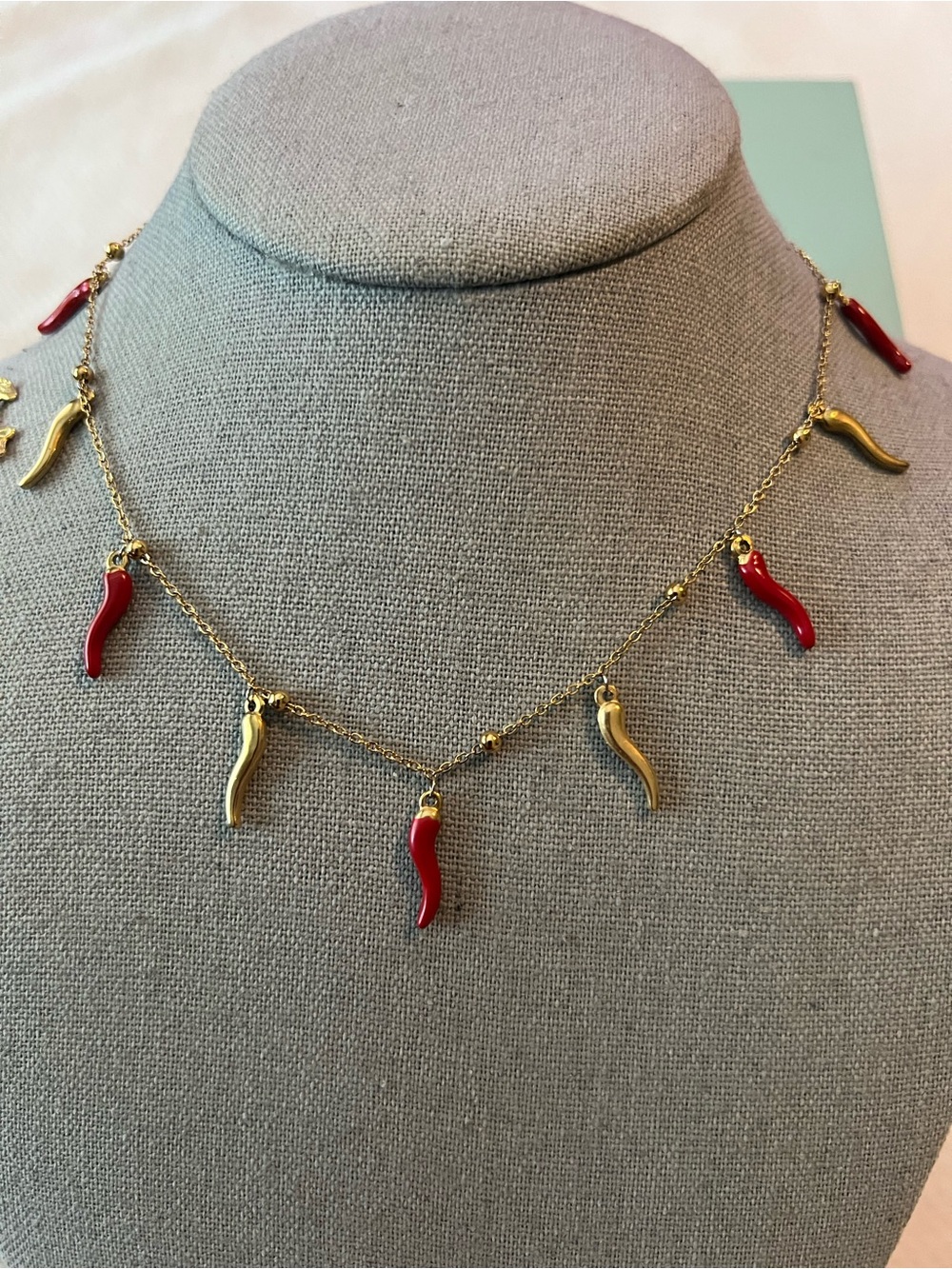 Gold Chain Necklace with Red n Gold Chili Charms by Justia